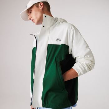 Lacoste Lightweight Colorblock Hooded Water-Resistant Jacket Pánské - Bunda Zelene / Bílé / Tmavě Bl